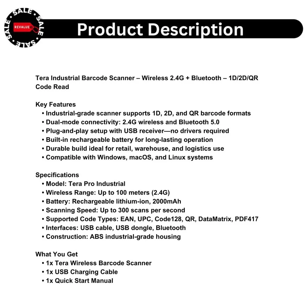 Tera Industrial Barcode Scanner – Wireless 2.4G + Bluetooth – 1D/2D/QR Code Read